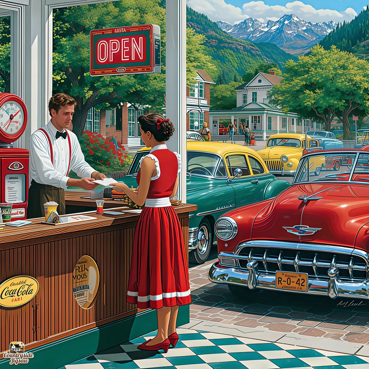 Retro illustration of a woman at a counter beside colorful vintage cars in a mountain town