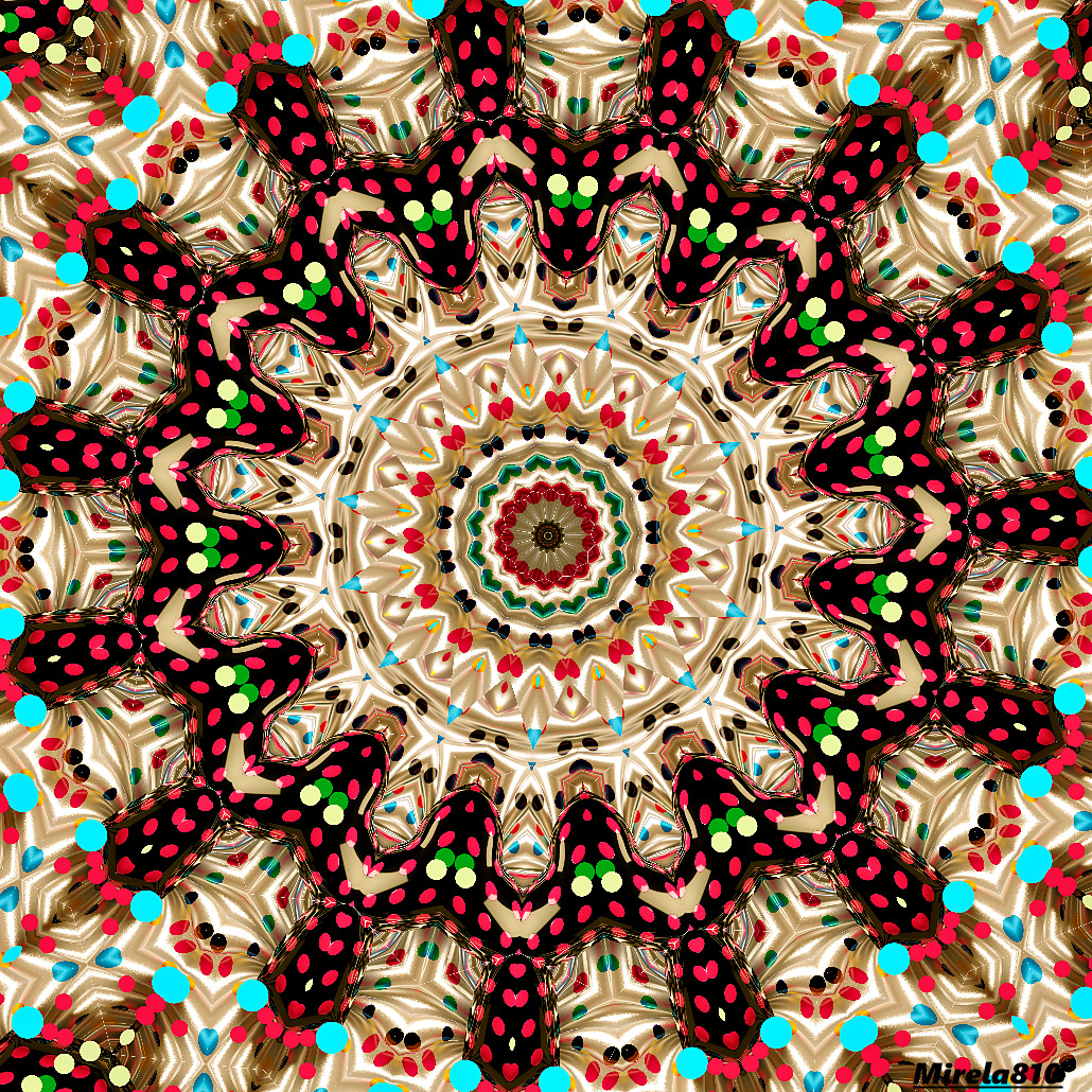 Detailed symmetrical mandala with radial geometric patterns in red, cream, and turquoise colors