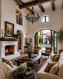Mediterranean living room with white walls, wooden beams, chandelier, fireplace, and arched doors to courtyard pool