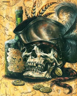 Painting of a pirate skull with tricorn hat, rum bottle, gold coins, and old map