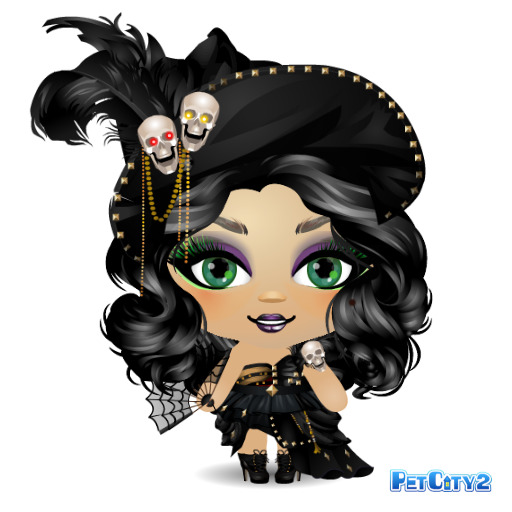 Cartoon doll with black curls, green eyes, feathered hat, and gothic black outfit