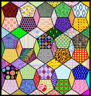 Colorful patchwork quilt pattern made of hexagons with various patterns including dots, stripes, flowers, and geometric shapes