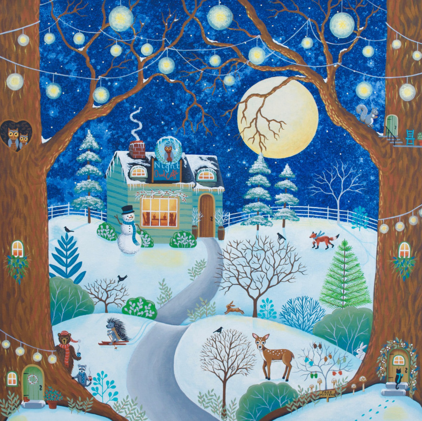 Illustrated winter night scene with snowy village, trees, deer, moon and stars in decorative wooden frame