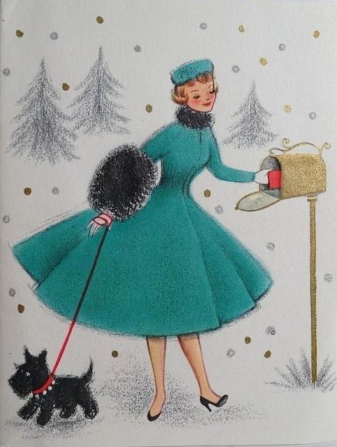 Vintage illustration of woman in turquoise coat with black dog in snowy Christmas scene