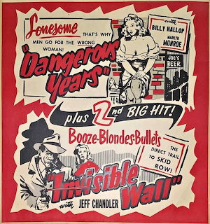 Vintage red and cream movie poster for Dangerous Years and The Invisible Wall double feature