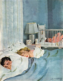 Painting of a mother resting by a bed beside a baby in a crib in a blue bedroom