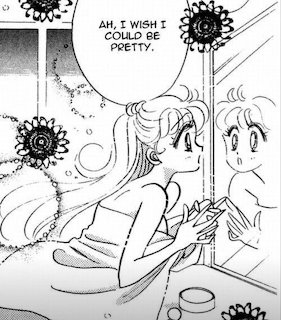 Black and white manga panel of Usagi looking at her reflection in a mirror with sunflowers