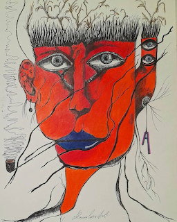 Surreal artwork of a fragmented red face with multiple eyes and ink line details