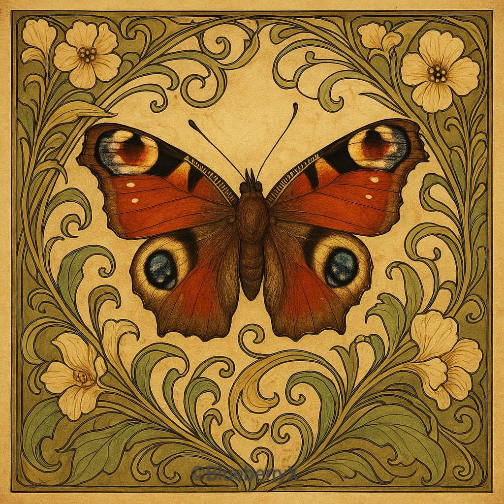 Peacock butterfly with eye-spots centered in ornate floral frame on vintage textured background