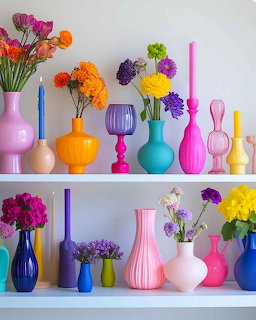 Colorful flowers in rainbow vases and bottles displayed on two white shelves