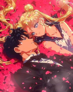 Anime illustration of Usagi and Mamoru lying close together surrounded by red rose petals