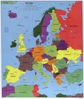 Colorful political map of Europe with labeled countries and capital cities