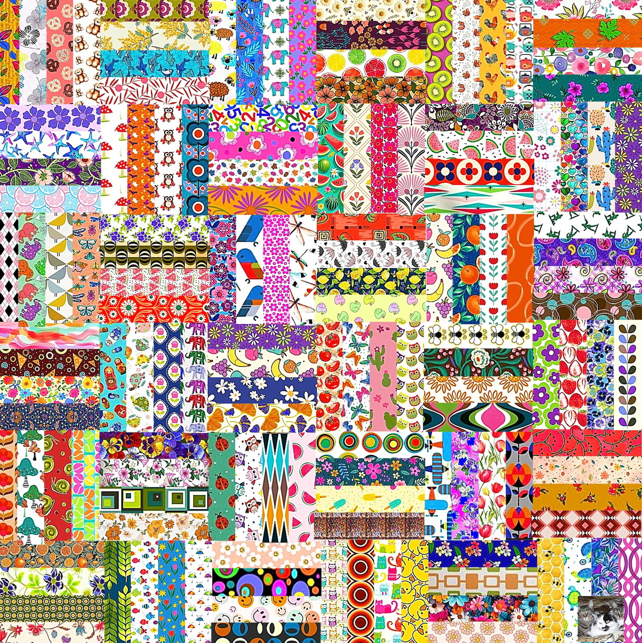 Colorful patchwork collage with floral, geometric, and decorative fabric patterns in vibrant colors