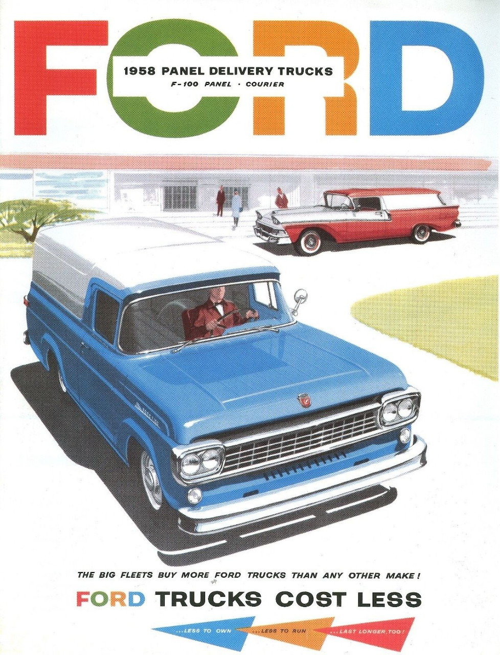 Vintage Ford ad with a blue panel delivery truck and a red pickup truck on a white background