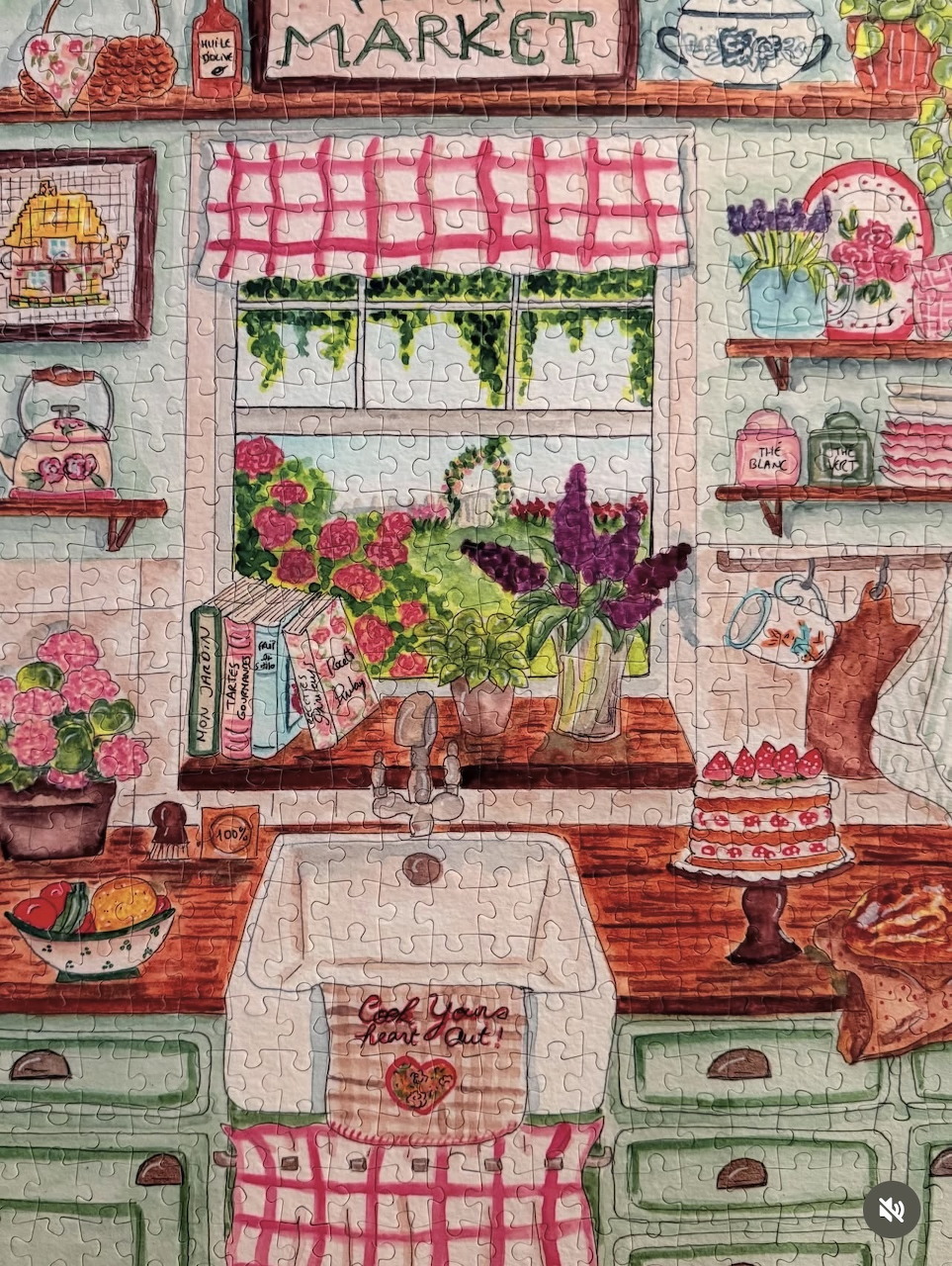 Painted cozy kitchen interior with sink, flower vase, shelves, and cake by a window