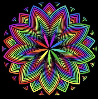 Symmetrical rainbow mandala with layered star petals radiating from center on black background