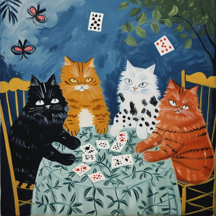 Painting of four cats sitting around a table with playing cards and wooden chairs