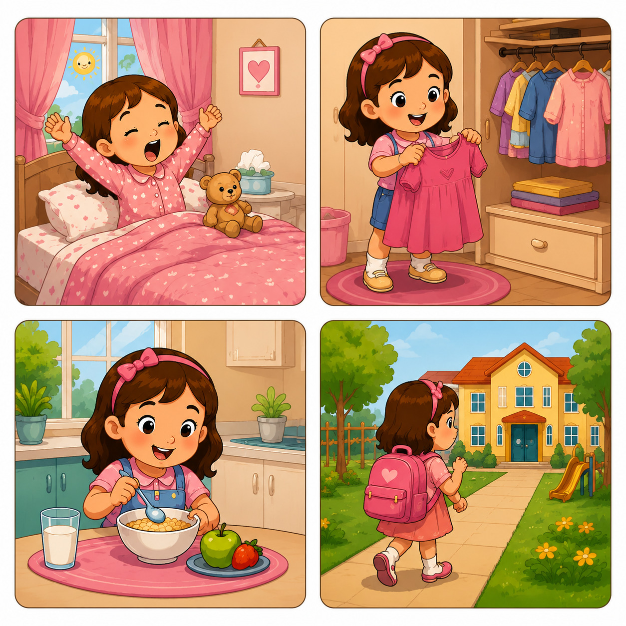 Cartoon four-panel collage of a girl waking up, dressing, eating breakfast, and heading to school