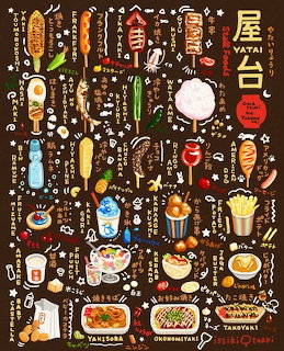 Illustrated chart of Japanese street food items labeled in Japanese and English on dark brown background