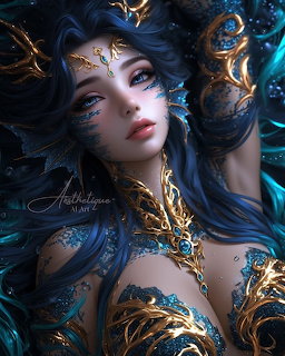 Fantasy woman with dark blue hair and gold ornamental accessories in a mystical setting