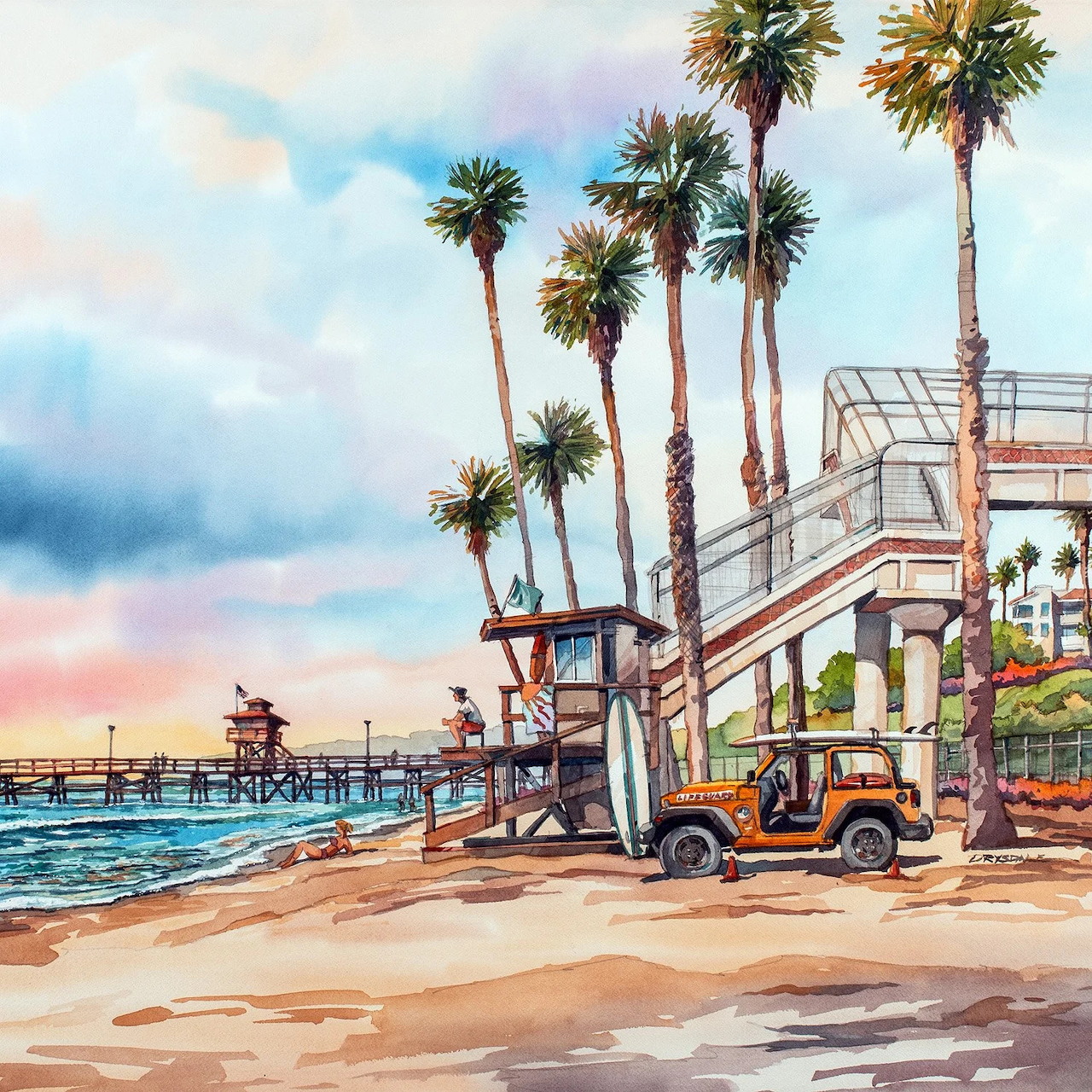 Watercolor beach scene with lifeguard tower, palm trees, and orange truck under pastel sunset sky