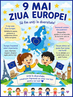 Colorful Europe Day poster with EU map, flag, cartoon children, and Romanian text about unity in diversity