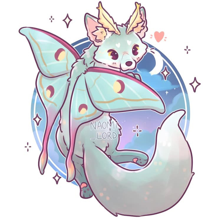 Cute fantasy creature with fox ears and large moth wings in pastel colors with moon and star motifs