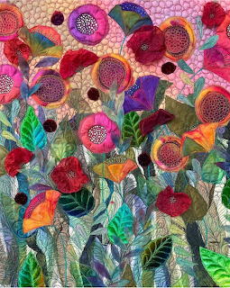 Colorful mixed-media floral collage with pink, red, and orange flowers among green leaves and seed pods