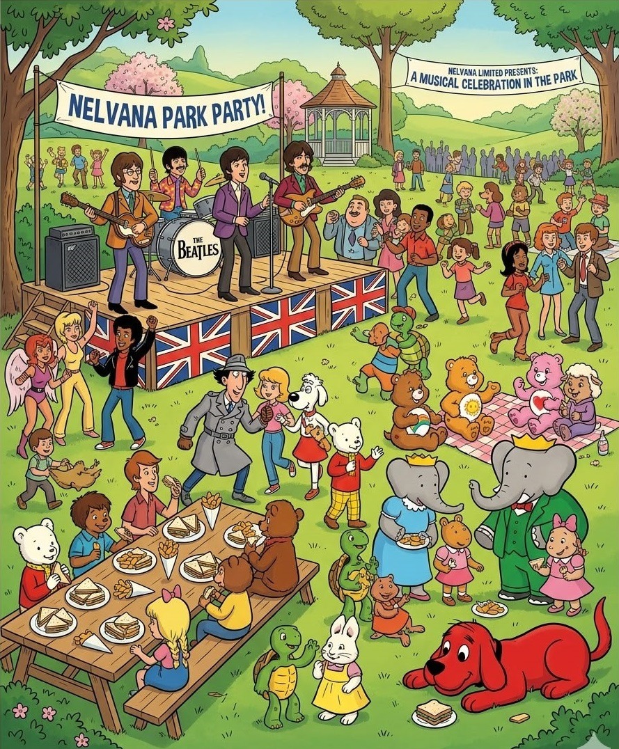 Colorful cartoon park party with a live band, dancing crowd, picnic tables, and animal characters.