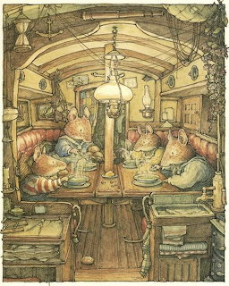 Illustration of rabbits dining around a table inside a cozy wooden cabin