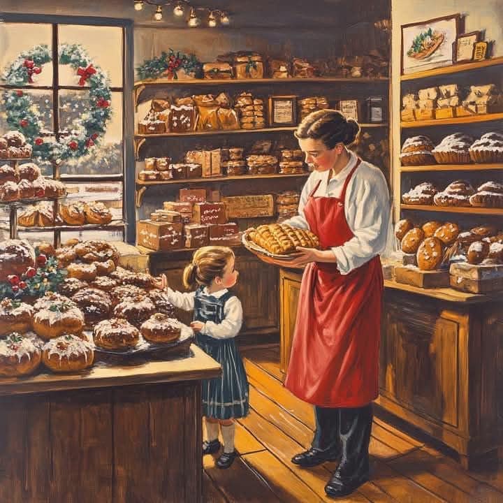 Baker in red apron showing bread to child in cozy bakery filled with pastries