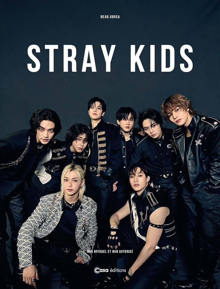 Stray Kids K-pop group posing together in dark stylish outfits on a cover photo