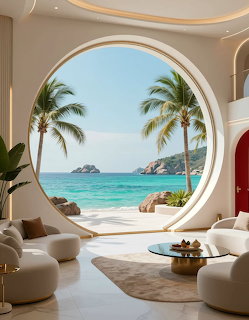 Modern resort room with a circular window overlooking a tropical beach, palm trees, and turquoise sea