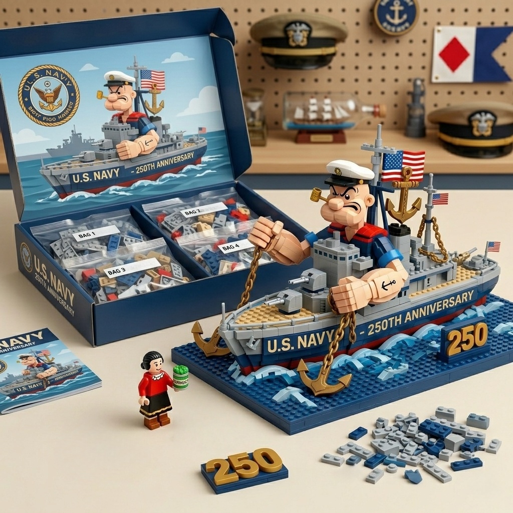 3D render of a Navy themed building block set with a cartoon sailor, ship, box, and loose pieces