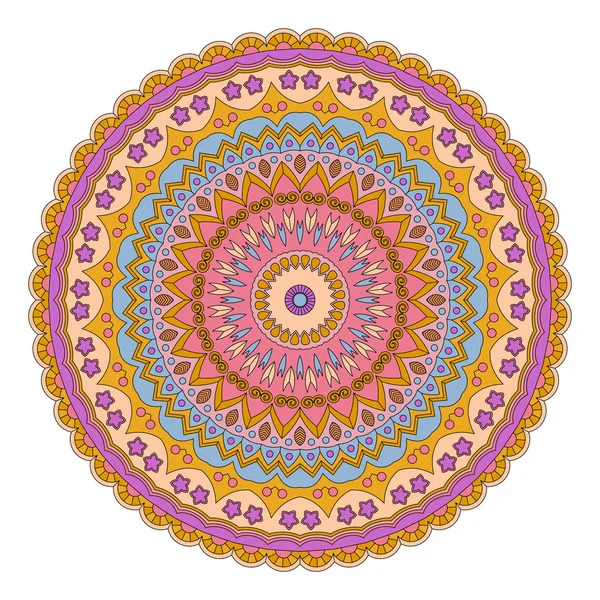 Colorful circular mandala with intricate geometric patterns in pink, orange, yellow and purple
