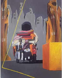 Painting of displaced figures carrying belongings through a narrow street between tall buildings with a yellow diagonal line