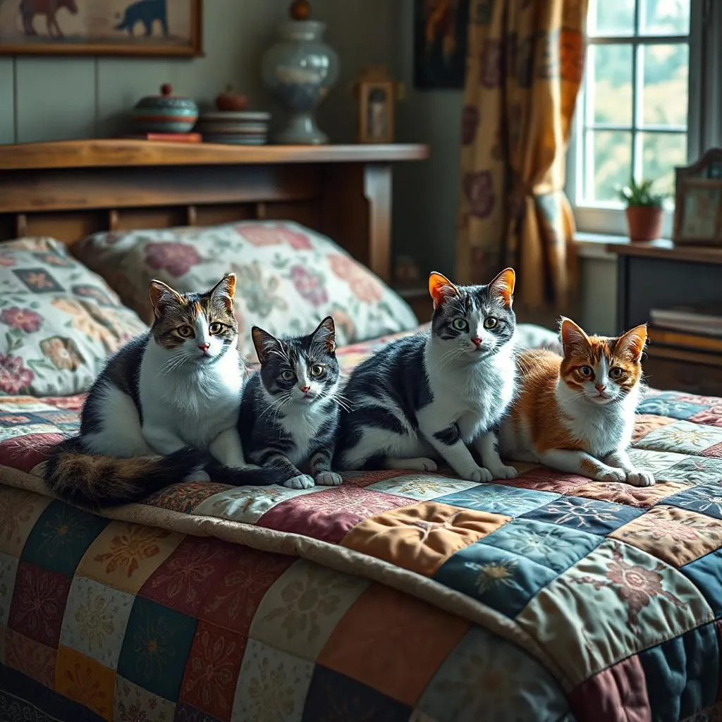 Four cats resting on a patchwork quilt bed in a sunlit bedroom