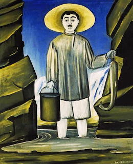 Painting of a man in straw hat holding a bucket standing between dark rocks, by Niko Pirosmani, 1906