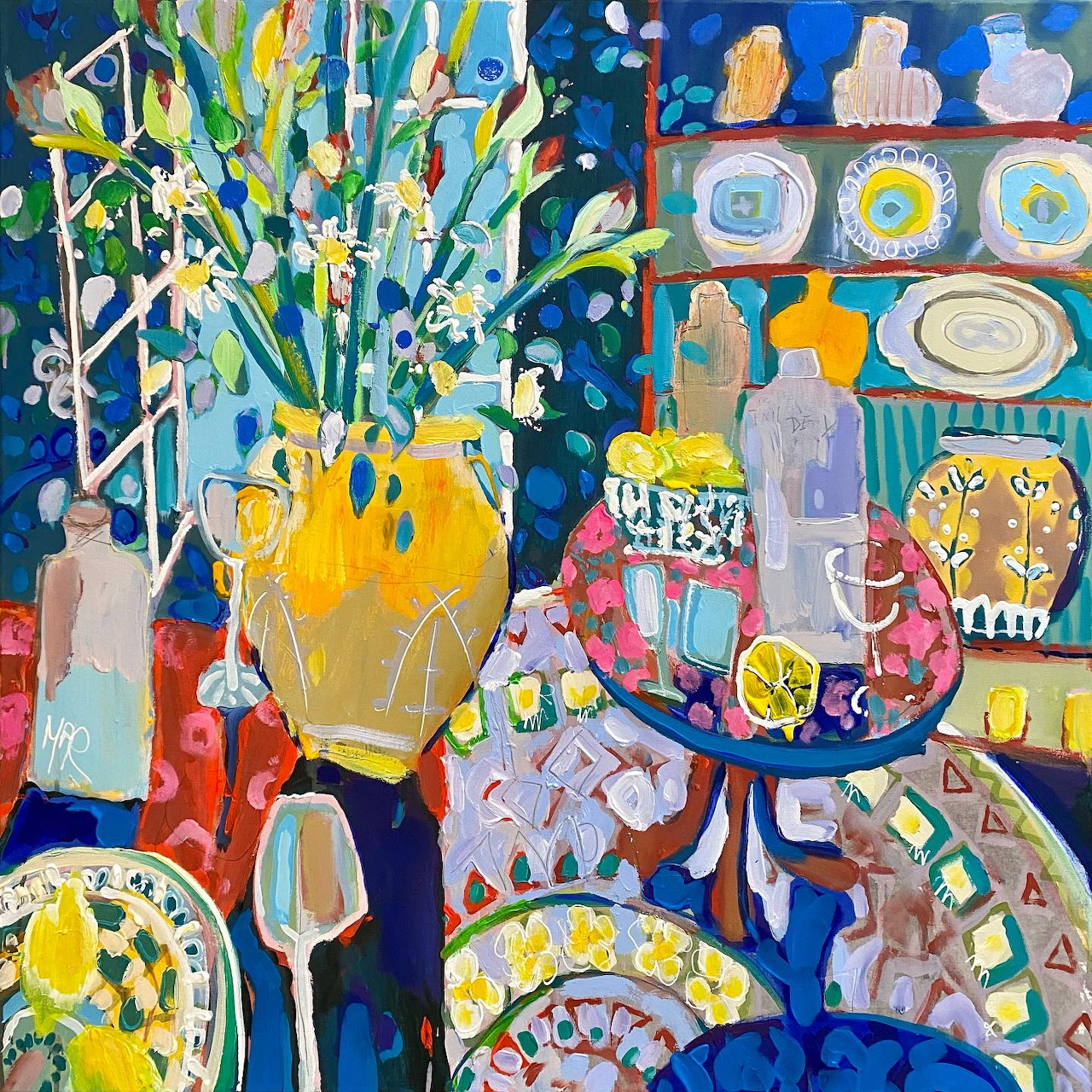 Colorful painting of interior scene with yellow flowers, decorative plates, and ornate objects on tables