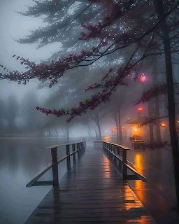Wooden dock on misty lake with glowing lanterns and pine tree at dawn