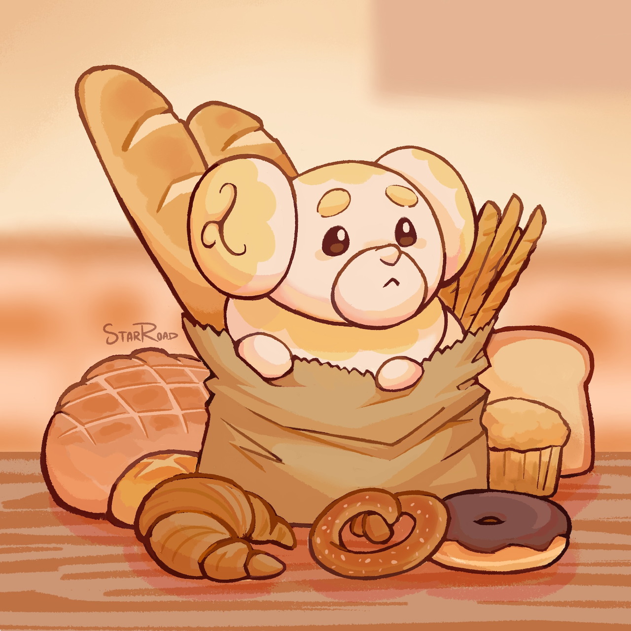 Cute Fidough illustration in a paper bag with bread, croissant, pretzel, donut, and muffin