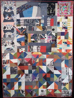 Abstract collage with geometric shapes, quilt patterns, photographs, and mixed media elements in varied colors and textures