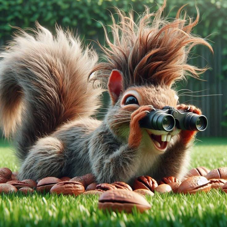 Fluffy squirrel holding binoculars on green grass with nuts scattered around