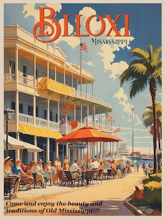 Vintage travel poster of Biloxi Mississippi showing a waterfront hotel, outdoor café, palm trees, and coastal scenery