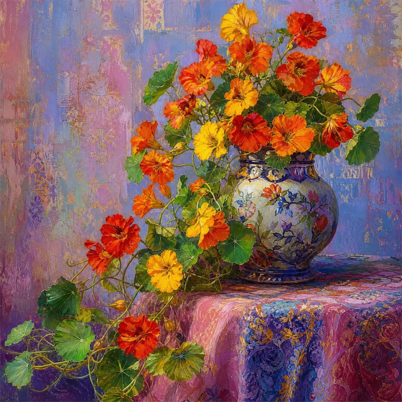 Impressionist painting of colorful flowers in ornate vase on draped table with textured background