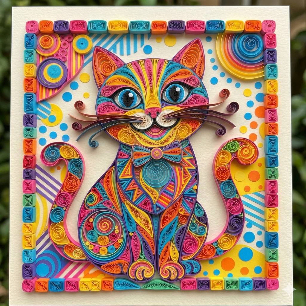 Colorful quilled paper art of a decorative cat with swirls and patterns surrounded by a bright mosaic frame