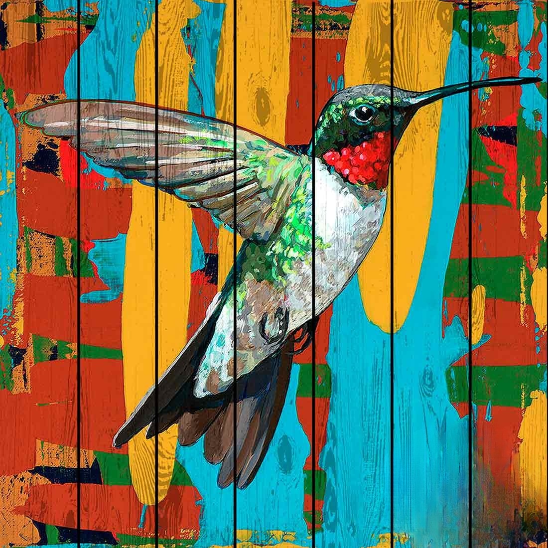 Painted hummingbird with green feathers and red throat hovering against colorful abstract background