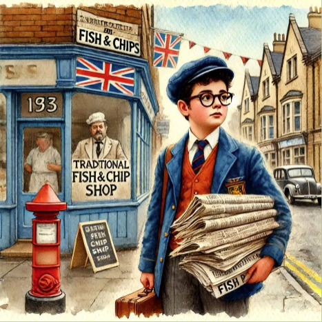 Watercolor boy in school uniform carrying newspapers outside a British fish and chip shop with Union Jack bunting
