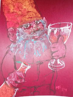 Expressive painting of a garden gnome holding a wine glass on a magenta background