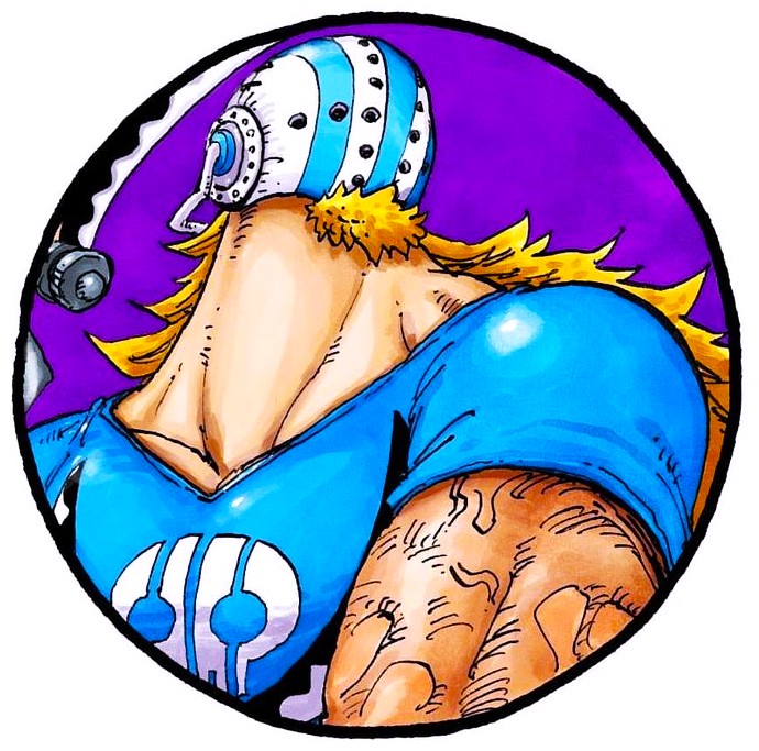 Anime character from One Piece shown from behind with spotted hat and blue shirt on a purple background